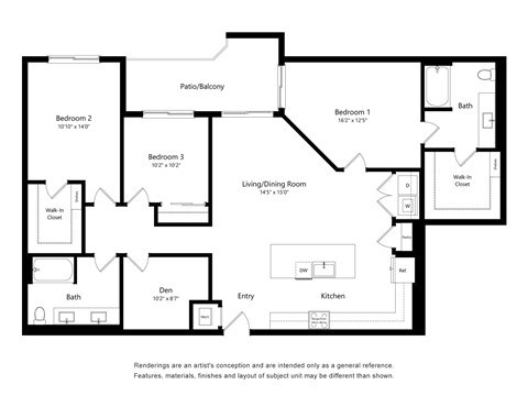 Floor plan for 3 beds, 2 baths, 1519 sqft